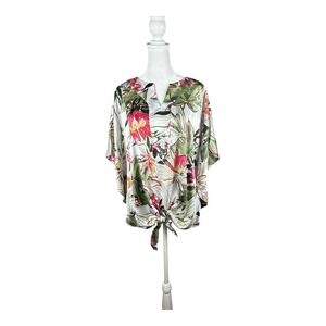 Chicos Top Womens Sz 1.5 US M L Tropical Floral Tie Front Dolman Blouse Vacation